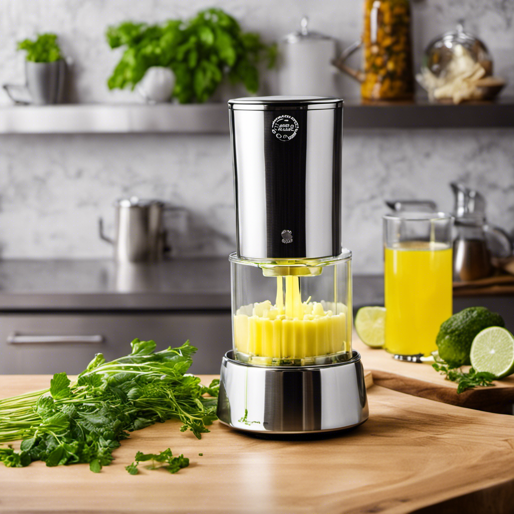 An image showcasing the Herbal Chef Electric Butter Infuser in action, with vibrant green herbs swirling effortlessly into melted butter, as a soft glow illuminates the sleek stainless steel design