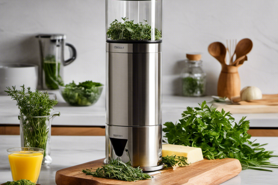 An image that showcases a sleek, stainless steel Herbal Infuser Butter Maker on a kitchen countertop