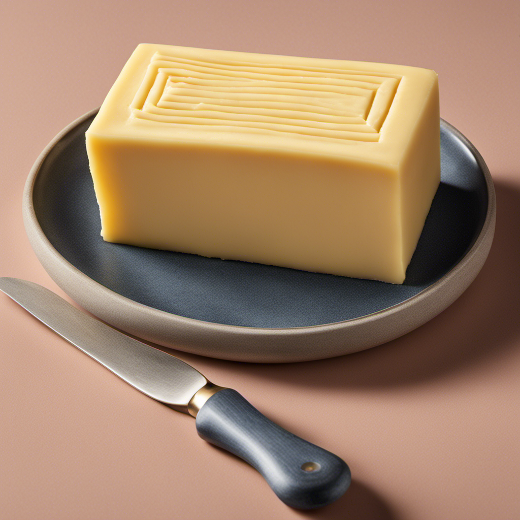 An image showcasing a close-up view of a perfectly symmetrical stick of butter, revealing its rectangular shape, smooth texture, and golden hue, inviting readers to explore the dimensions of this everyday ingredient