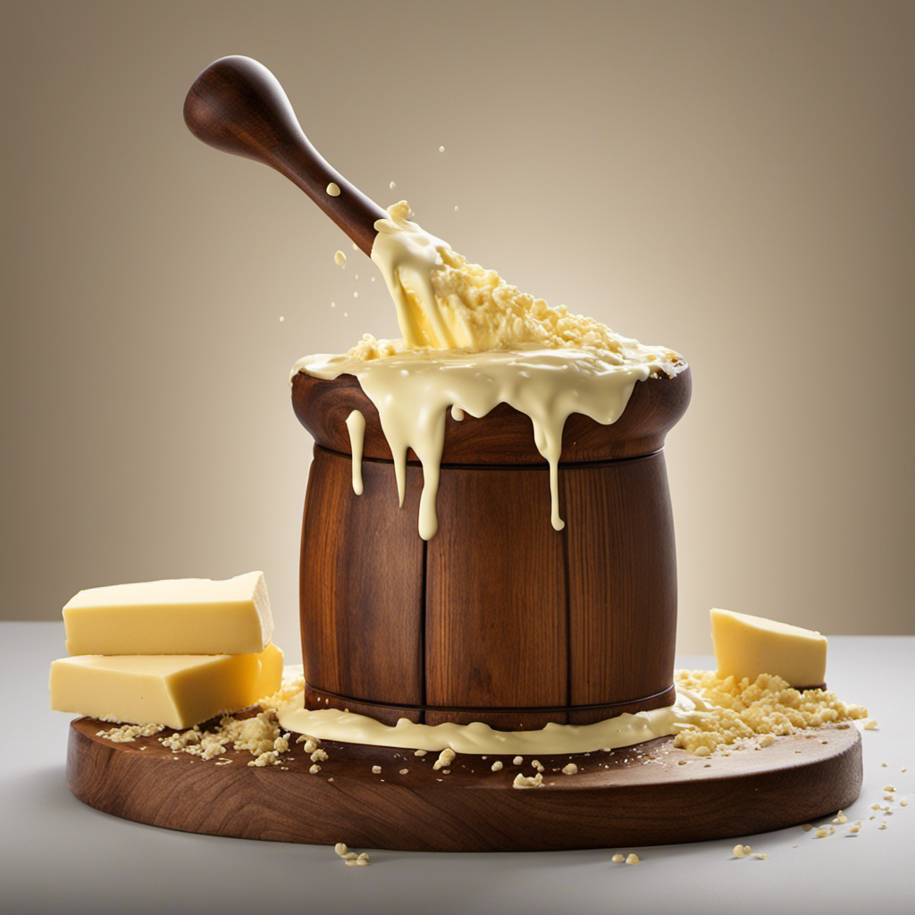 An image showcasing the process of making butter from milk: a wooden churner filled with creamy milk, vigorous hand movements, droplets of buttermilk splattering, and the transformation of milk into a luscious golden butter