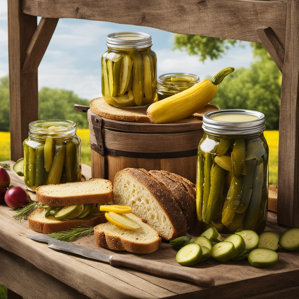 An image showcasing a farmer's market stand with jars of pickles