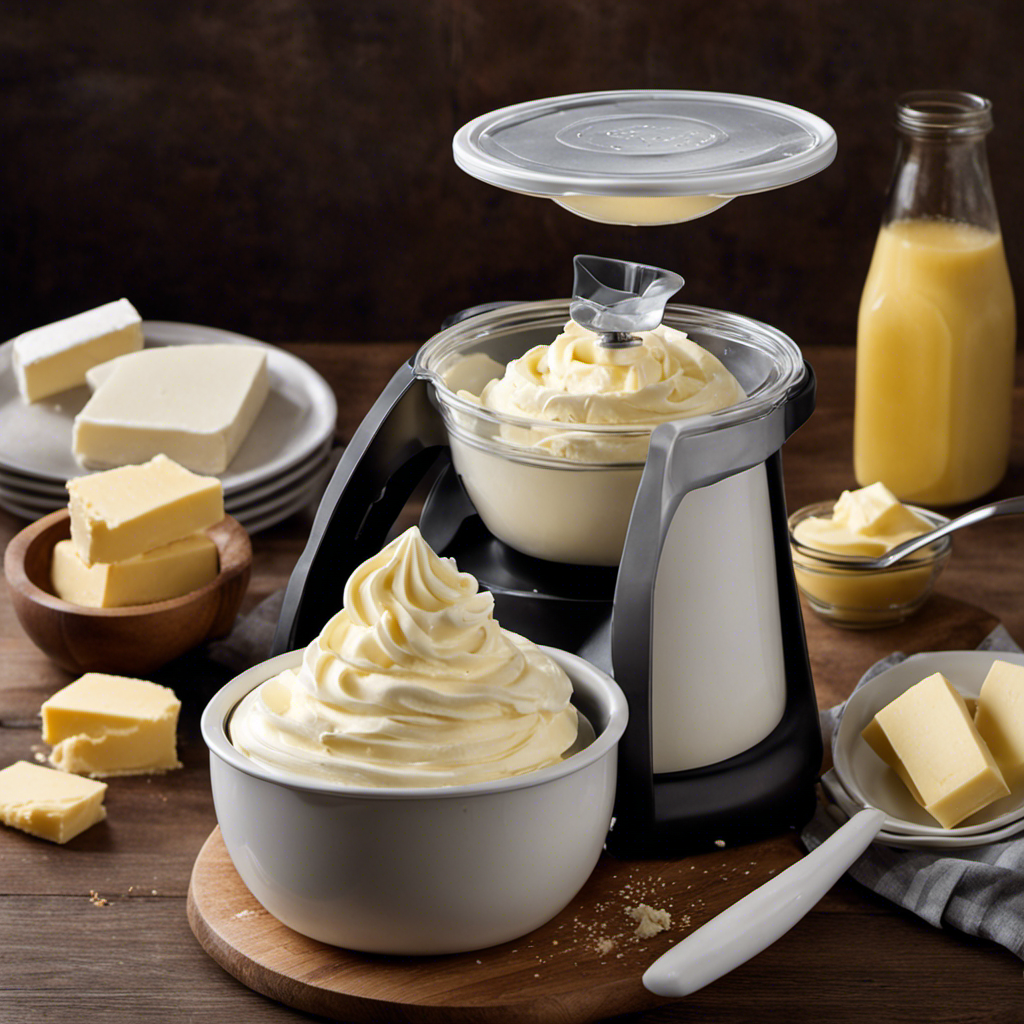 An image showcasing the step-by-step process of making butter using the Pampered Chef Whipped Cream Maker: pouring heavy cream, pumping the handle, the cream thickening and separating into butter and buttermilk