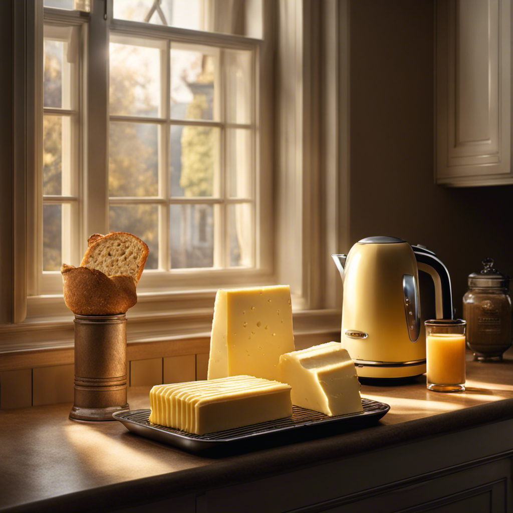 An image depicting a room-temperature kitchen counter with a stick of chilled butter placed beside a toaster