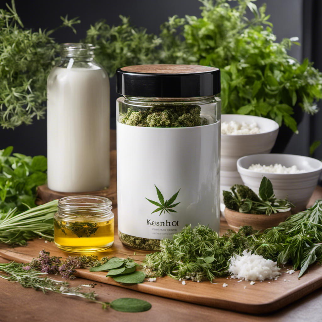 An image showcasing a vibrant kitchen countertop covered in a variety of fresh herbs, cannabis flowers, and coconut oil, emphasizing the ingredients needed for the magic butter maker process