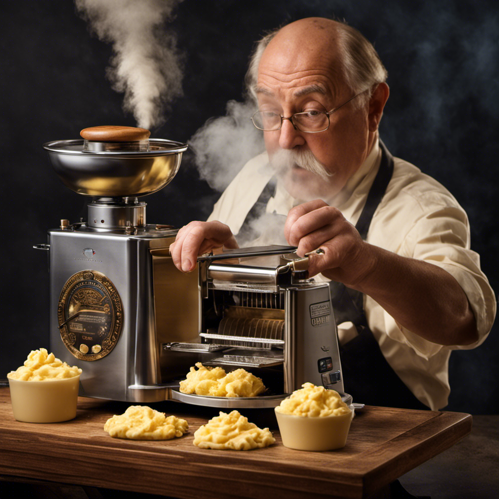 An image of a person peering into their Magic Butter Maker, wearing a puzzled expression, as wisps of smoke escape from the machine