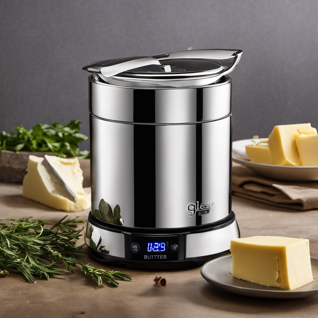 An image showcasing a gleaming stainless steel Magic Butter Maker, its LED timer flashing 00:00, surrounded by aromatic herbs, vibrant botanicals, and swirling golden butter, indicating a completed infusion process