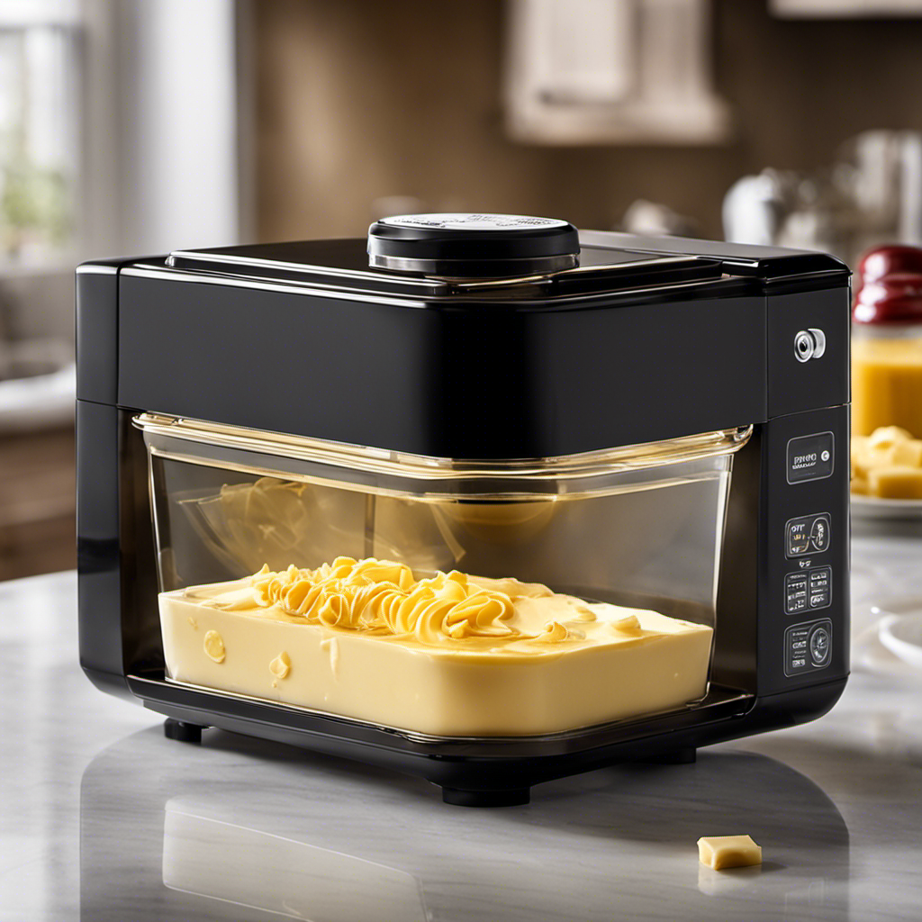 An image capturing a close-up view of golden butter swirling inside the glass container of the Magic Butter Maker, with a digital timer in the background, displaying the remaining time
