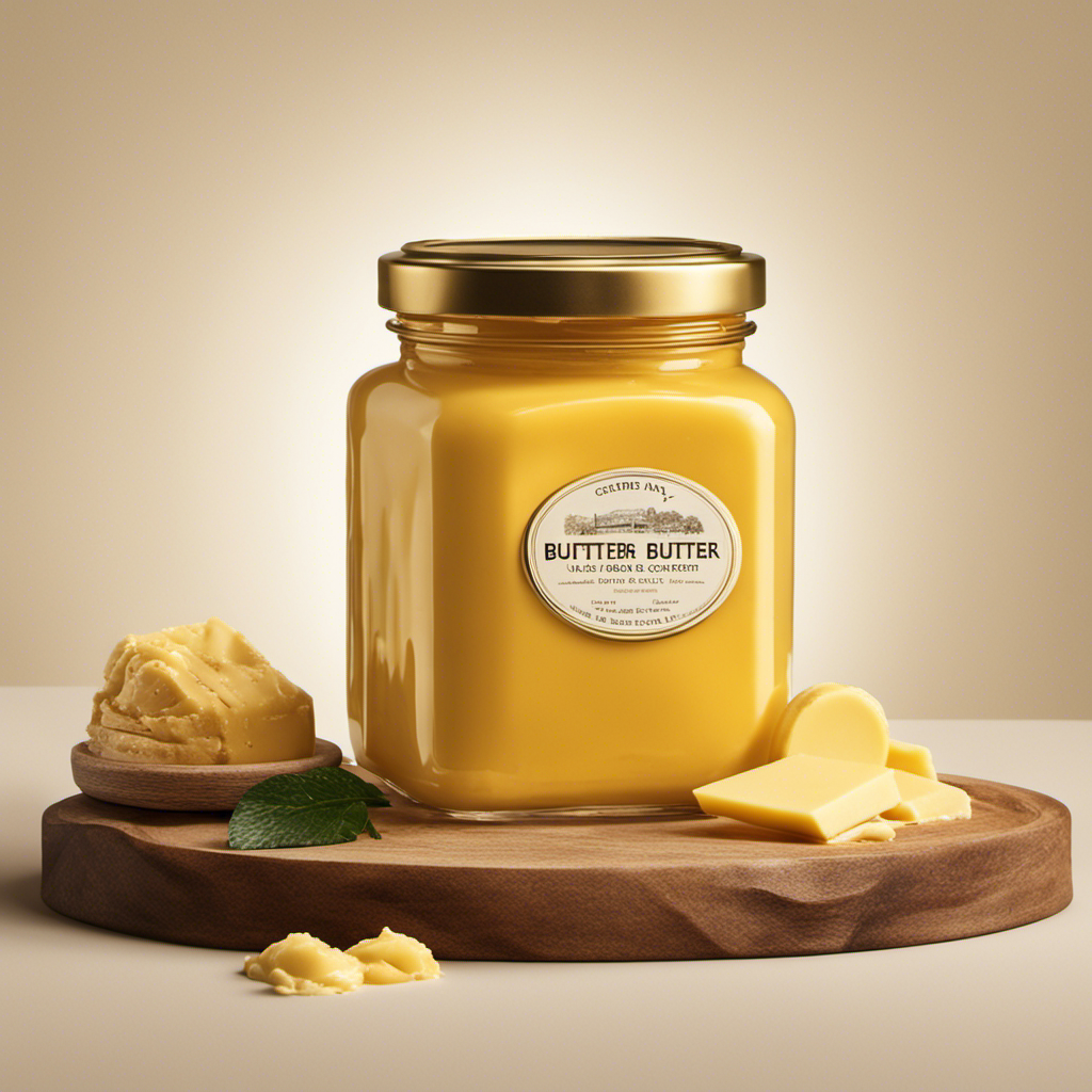 An image showcasing a close-up of freshly churned butter in a glass jar with a vibrant golden hue, highlighting the rich and creamy texture