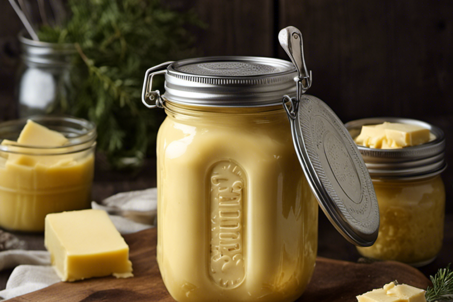 An image showcasing the step-by-step process of canning butter, with a mason jar filled with golden, creamy butter, a thermometer immersed in melted butter, and hands sealing the jar with a metal lid