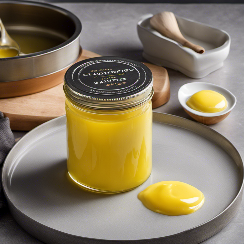 An image showcasing the step-by-step process of clarifying butter: a pot on a stovetop, melted butter separating into layers, a hand gently skimming off the foam, and finally, a jar of golden clarified butter