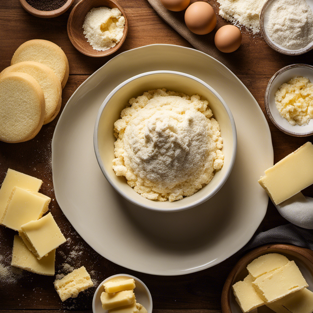 An image showcasing the process of cutting cold, solid butter into a bowl of fluffy flour