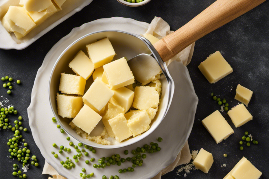 An image showcasing the step-by-step process of cutting in butter: a skilled hand holding a cold stick of butter, a pastry cutter breaking it into pea-sized pieces, and the resulting crumbly mixture in a mixing bowl