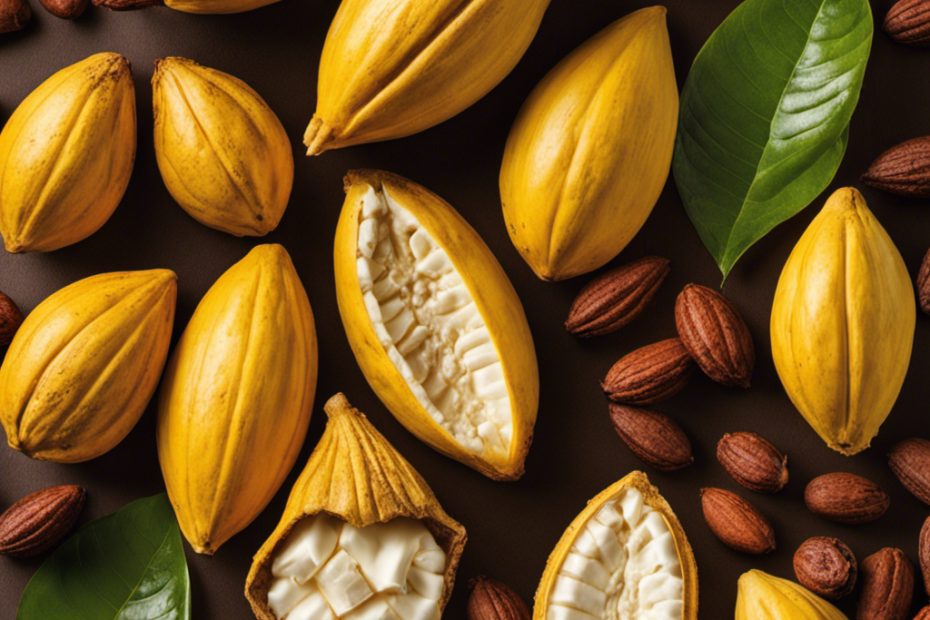 An image showcasing the intricate process of making cocoa butter: vibrant cocoa pods hanging from lush trees, a skilled hand expertly harvesting them, followed by meticulous roasting, grinding, and pressing, resulting in smooth, golden cocoa butter