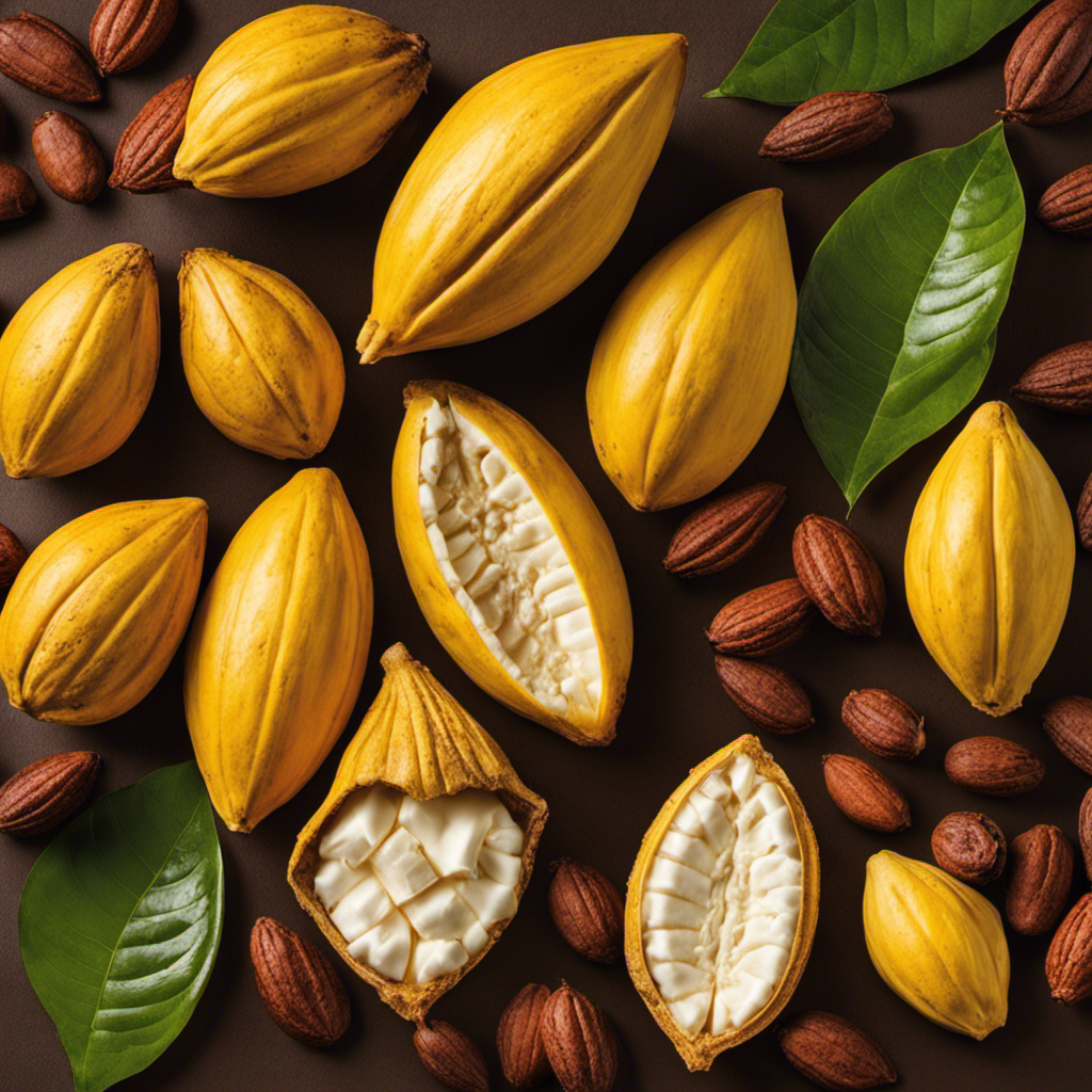 An image showcasing the intricate process of making cocoa butter: vibrant cocoa pods hanging from lush trees, a skilled hand expertly harvesting them, followed by meticulous roasting, grinding, and pressing, resulting in smooth, golden cocoa butter