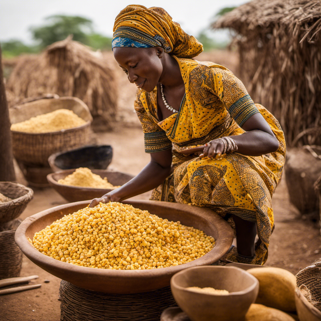 An image capturing the step-by-step process of making shea butter: a woman in traditional attire harvesting ripe shea nuts, gracefully extracting the kernels, patiently milling and boiling them, and finally, skillfully kneading the rich, creamy butter