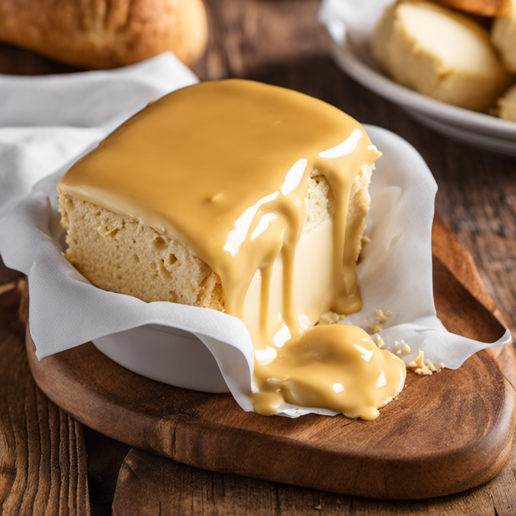 An image showcasing a close-up shot of a golden, creamy slab of Texas Roadhouse butter, gently melting over a warm, freshly baked roll