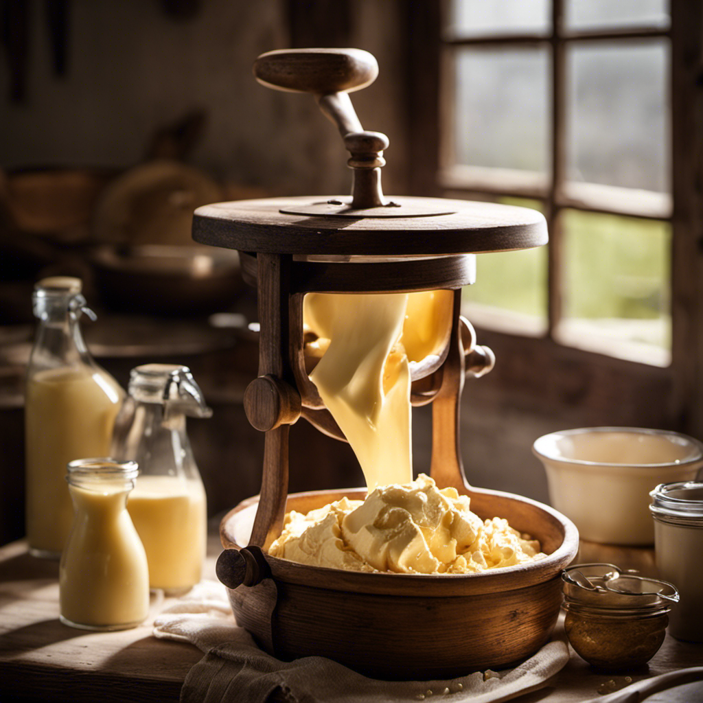 An image showcasing the process of making whipped butter; capture a hand churning creamy butter, using an antique wooden churn, with golden droplets splattering, while sunlight filters through a farmhouse kitchen window