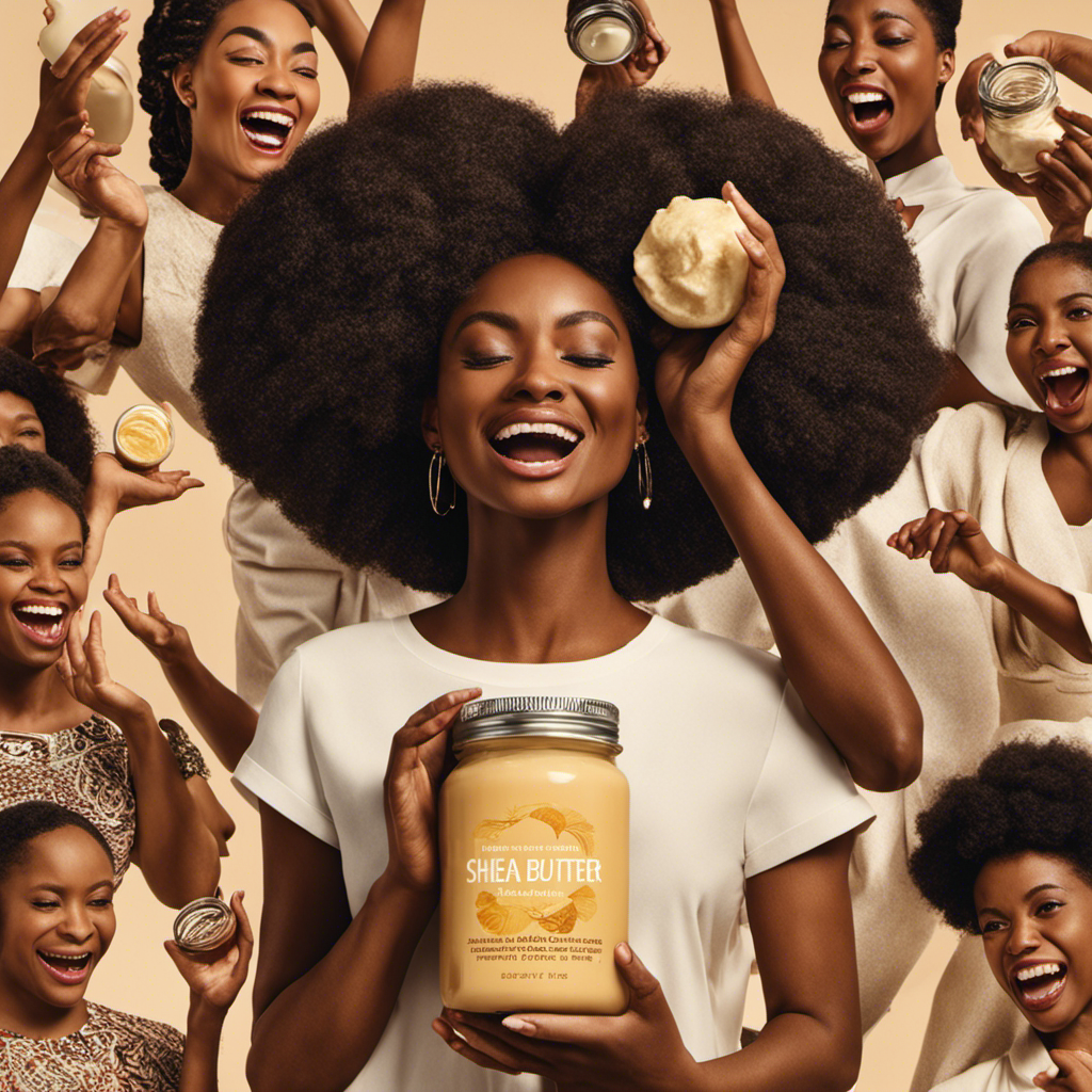 An image featuring a diverse group of individuals, each holding a jar of shea butter