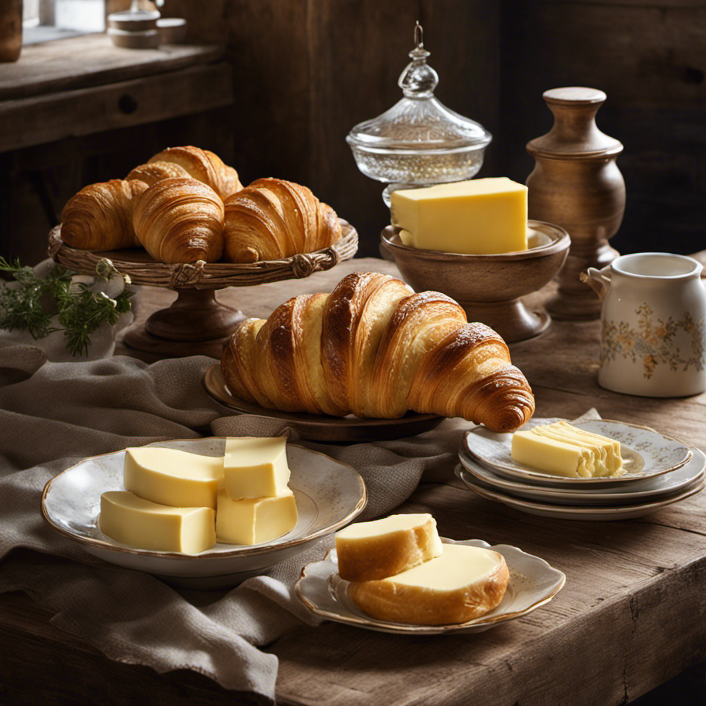 An image of a rustic, wooden kitchen table adorned with a pat of golden, creamy butter, a delicate croissant with flaky layers, and a vintage French butter dish, evoking the essence of how to say "butter" in French