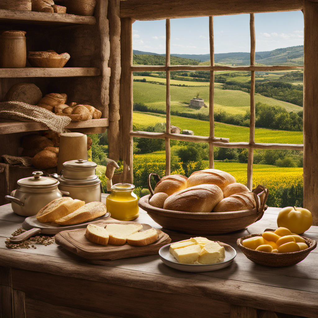 An image showcasing a lush countryside scene with a traditional Spanish farmhouse kitchen