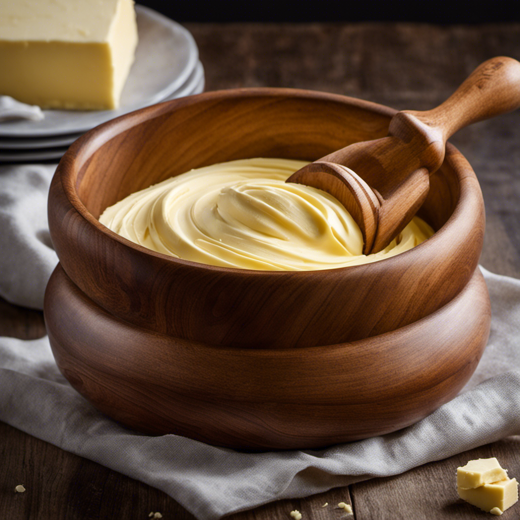 An image showcasing a wooden bowl filled with soft, creamy butter