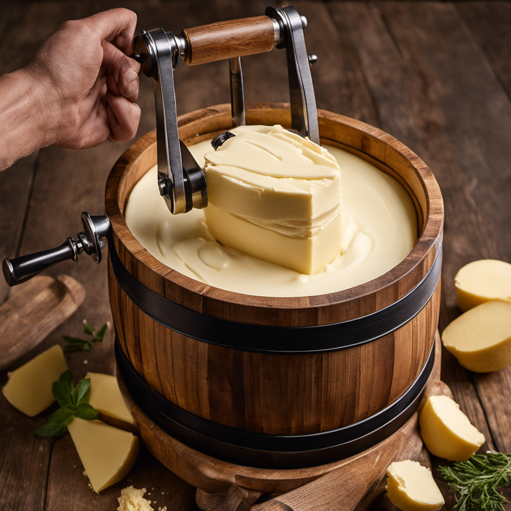An image that showcases the intricate mechanism of a butter churn in action, with a wooden barrel, a rotating paddle, and a crank handle, beautifully capturing the process of transforming cream into creamy butter
