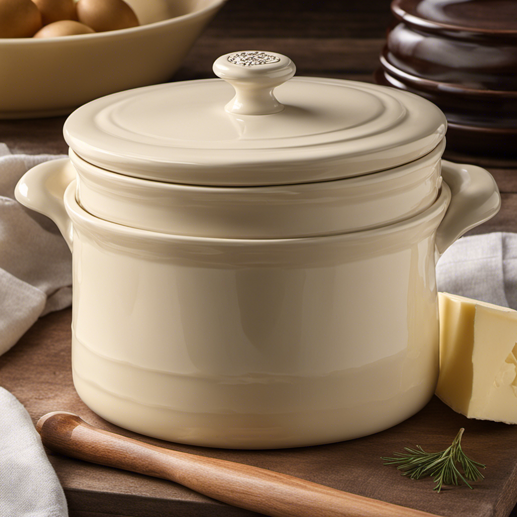 An image showcasing a traditional butter crock in action, with a stick of butter placed inside