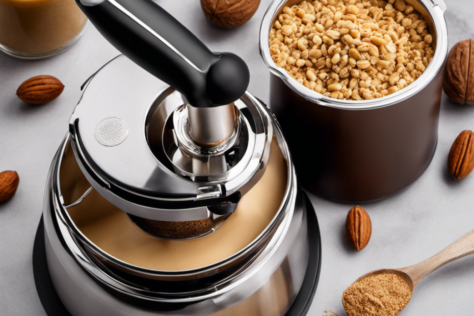 An image showcasing a Nut Butter Maker in action: a sleek, stainless steel contraption with a powerful motor grinding roasted nuts into a smooth, creamy consistency, while golden-brown crumbs sprinkle down