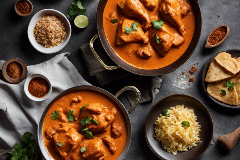 An image capturing the rich, creamy texture of butter chicken, as it melts in your mouth, revealing tender chunks of succulent, perfectly spiced chicken, bathed in a vibrant orange sauce
