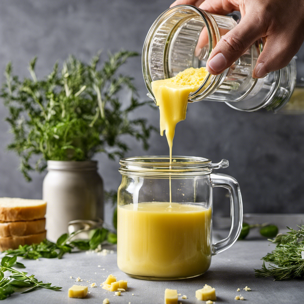 An image showcasing the step-by-step process of the Easy Butter Maker: a clear glass jar filled with melted butter, a mesh filter placed on top, fresh herbs being poured into the filter, and golden-green infused butter dripping into a waiting container