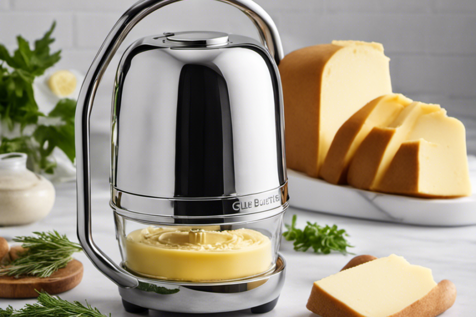 An image showcasing a gleaming, stainless steel Easy Butter Maker with a smooth-turning handle, effortlessly churning fresh herbs into rich, golden butter