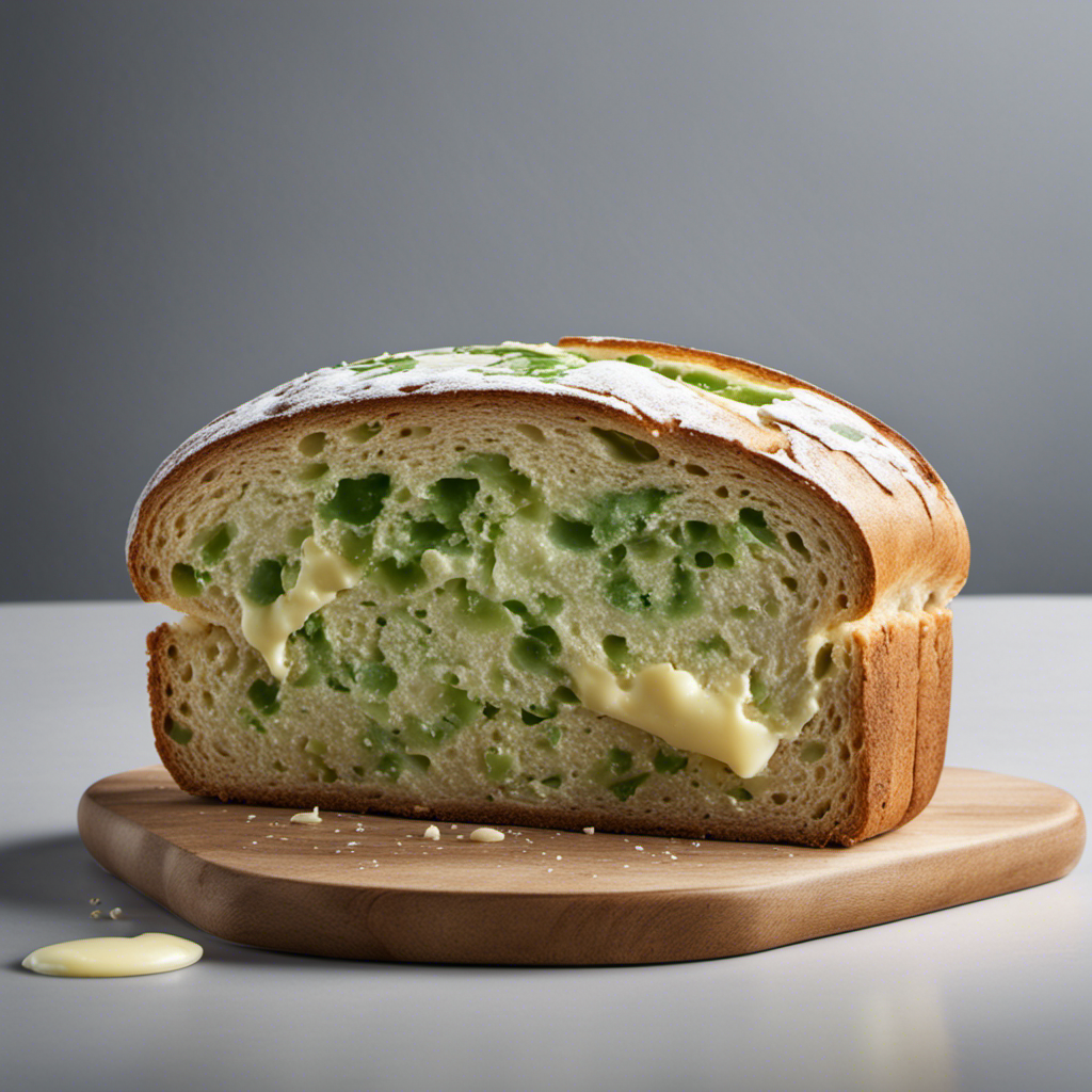 An image featuring a close-up view of a slice of bread covered in butter that has begun to develop mold, with visible green and white patches on the surface, highlighting the topic of butter's quality after the expiration date