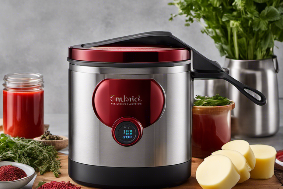 An image showcasing the Magical Butter Maker, emitting a vibrant red glow, with steam rising from its lid, surrounded by various ingredients like herbs and spices, evoking a sense of intense heat at its precise 190-degree temperature