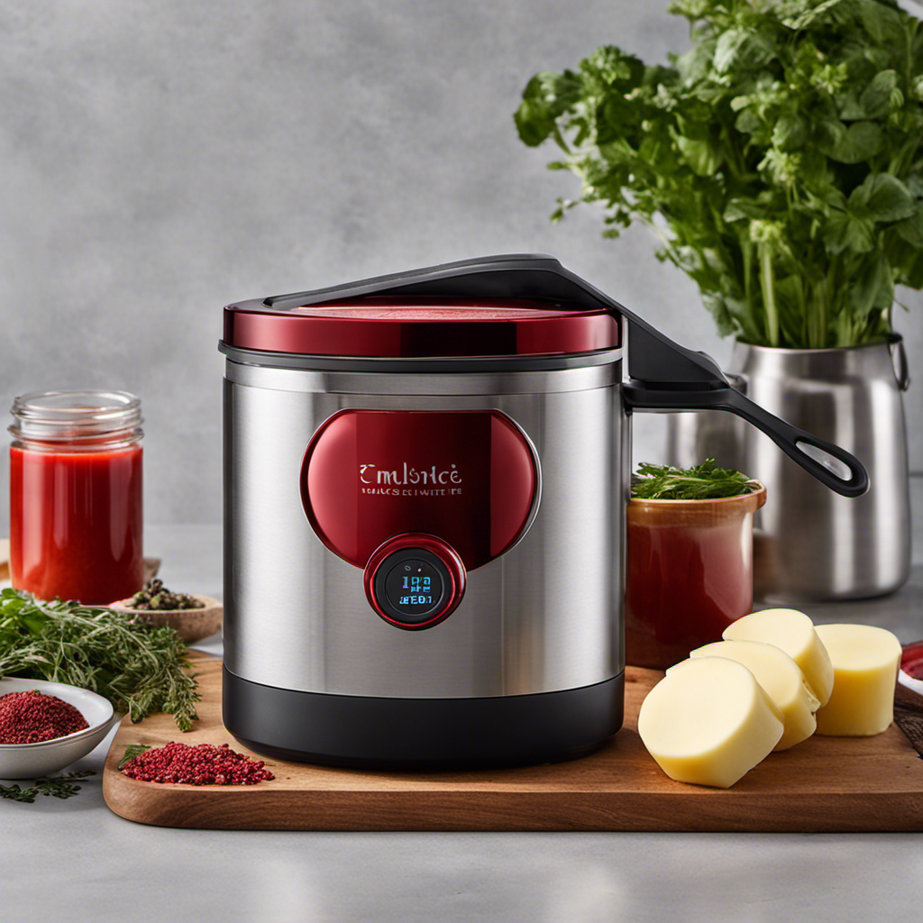 An image showcasing the Magical Butter Maker, emitting a vibrant red glow, with steam rising from its lid, surrounded by various ingredients like herbs and spices, evoking a sense of intense heat at its precise 190-degree temperature