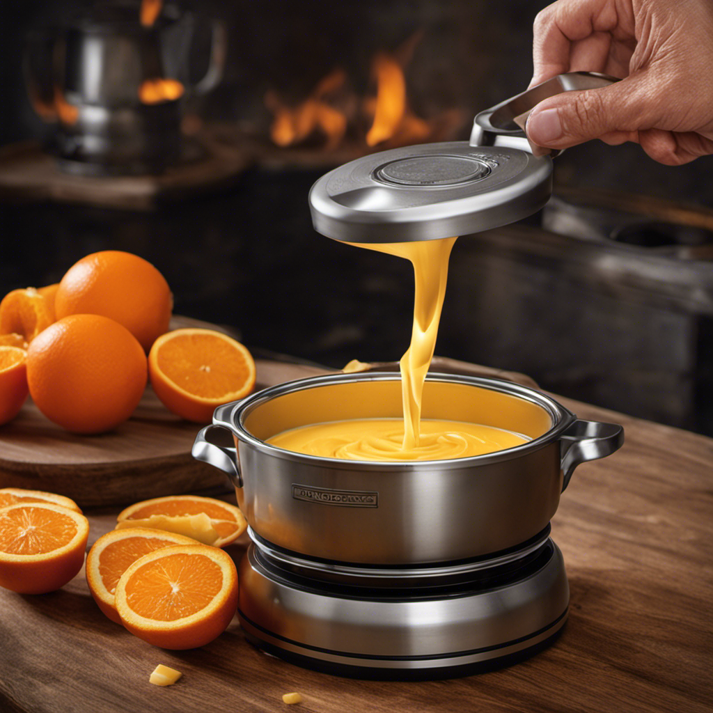 An image depicting a precise, close-up view of the Magic Butter Maker, with vibrant flames fiercely engulfing a pot of oil, radiating intense heat that can be felt from its glowing orange hue