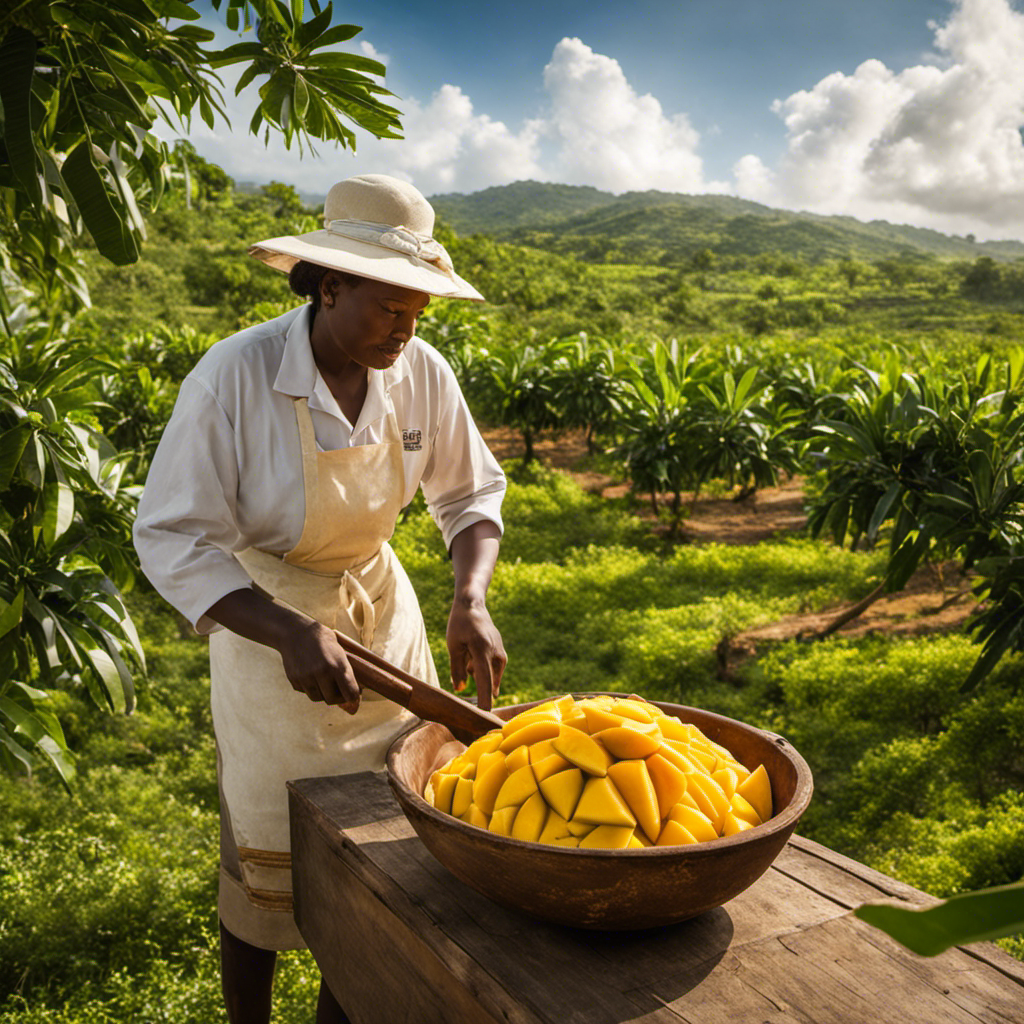 An image showcasing the intricate process of mango butter production: a vibrant scene where ripe mangoes are handpicked from lush orchards, skillfully peeled, mashed, and simmered in large pots to extract the golden, velvety essence