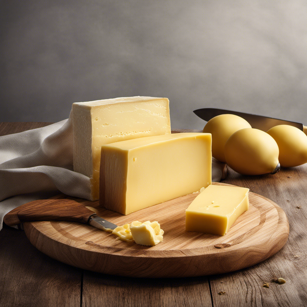 An image depicting a wooden cutting board with a block of butter slightly melted, displaying the expiration date on the packaging