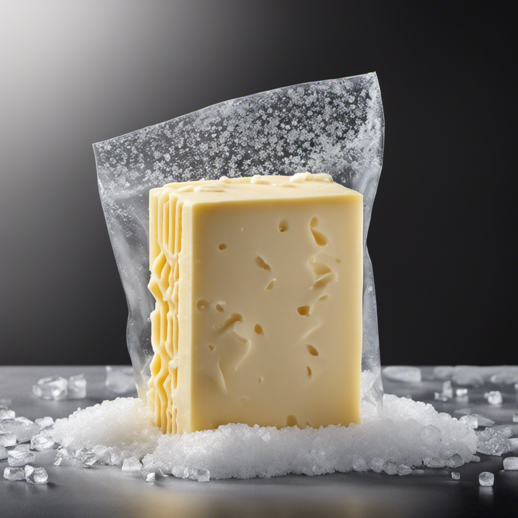 An image that showcases a stick of butter sealed in a freezer-safe bag, surrounded by a frosty layer of ice crystals