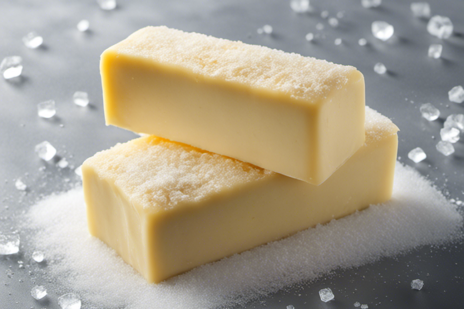An image showcasing a stick of butter, perfectly wrapped in plastic wrap, sitting inside a frosty freezer