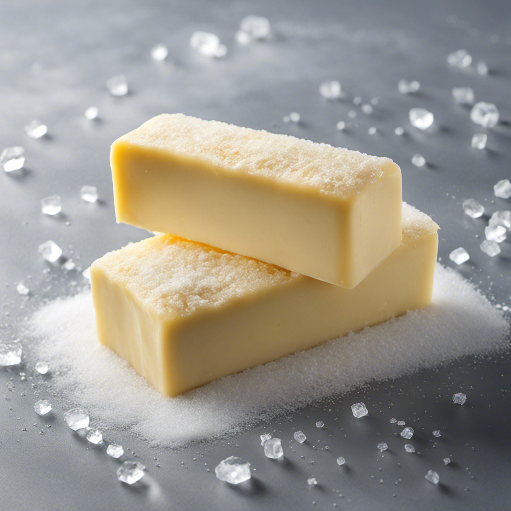 An image showcasing a stick of butter, perfectly wrapped in plastic wrap, sitting inside a frosty freezer