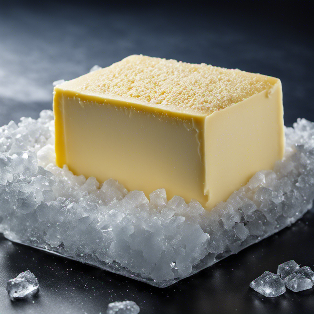 An image showcasing a pristine block of butter, surrounded by a thick layer of ice crystals