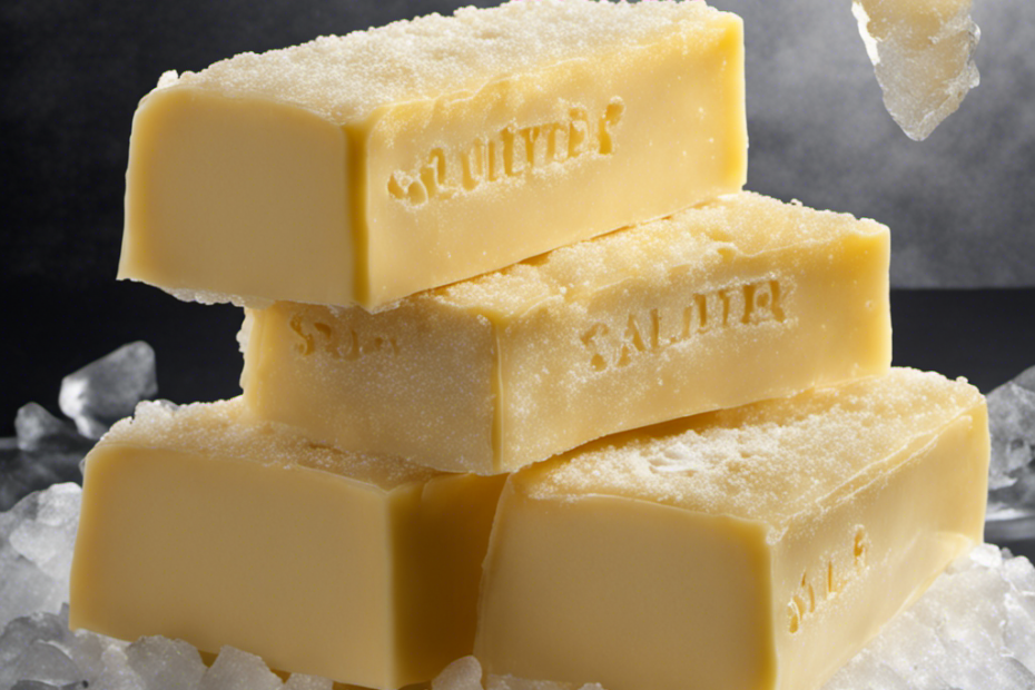 An image capturing a stack of golden slabs of salted butter, neatly wrapped in wax paper, encased in frosty ice crystals