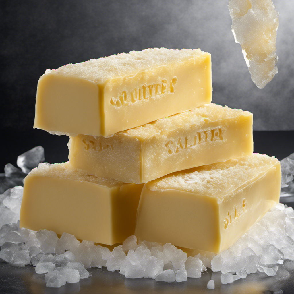 An image capturing a stack of golden slabs of salted butter, neatly wrapped in wax paper, encased in frosty ice crystals