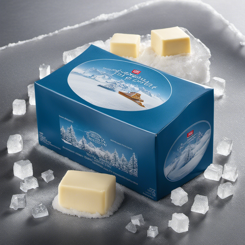 An image showcasing a block of creamy stick butter wrapped in freezer-safe packaging, partially submerged in a frosty landscape of ice crystals