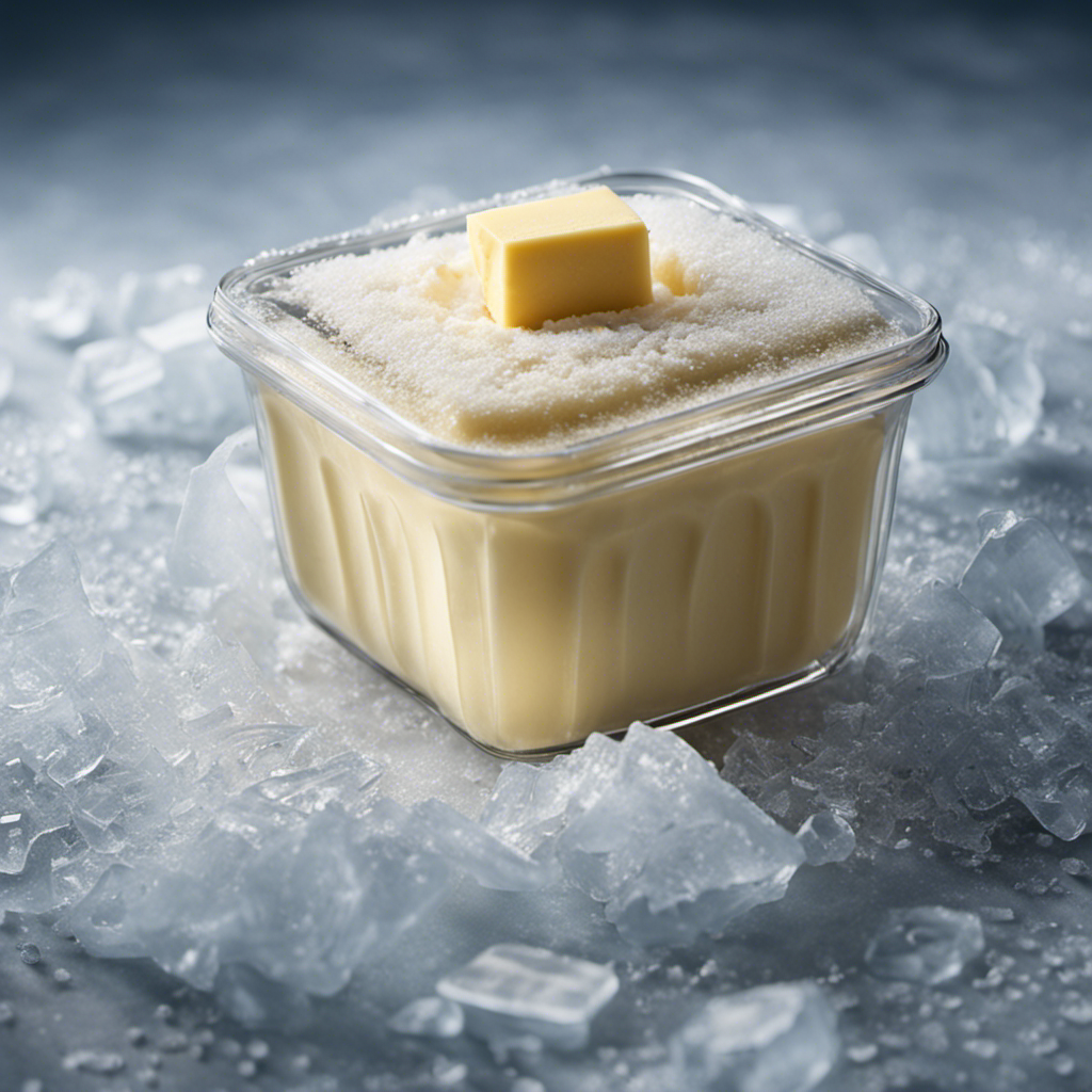 An image showcasing a close-up view of a sealed, frost-covered container of butter amidst a backdrop of swirling icy crystals