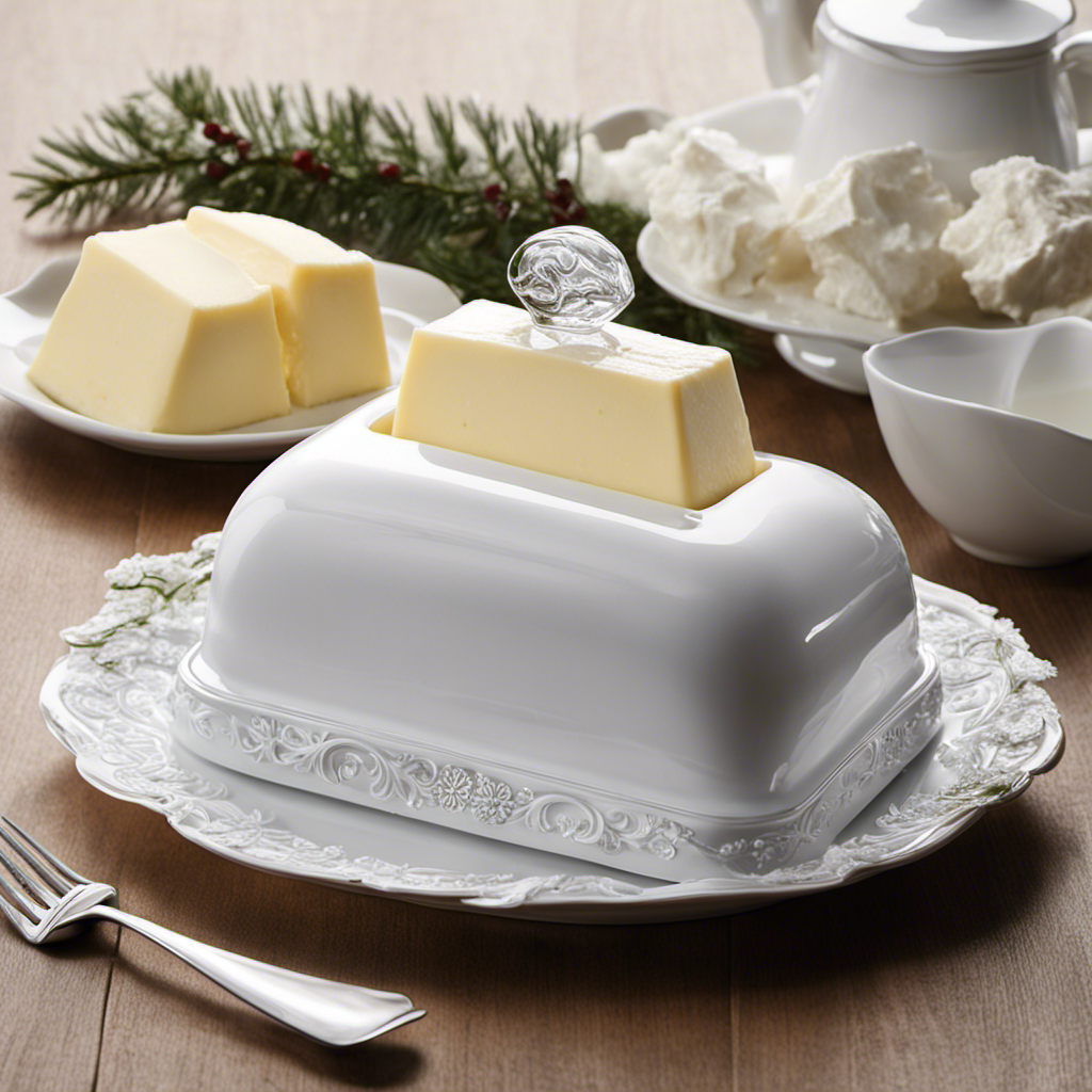 An image capturing the frost-kissed elegance of a pristine butter dish nestled amidst a sea of frozen delights