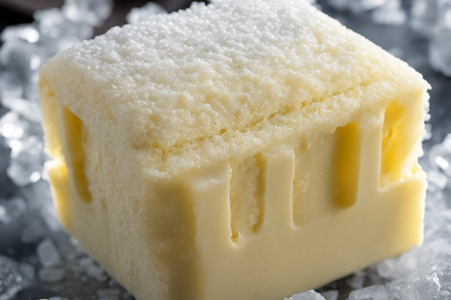 An image showcasing a stick of frozen butter wrapped in a translucent freezer bag, nestled amidst a bed of ice crystals