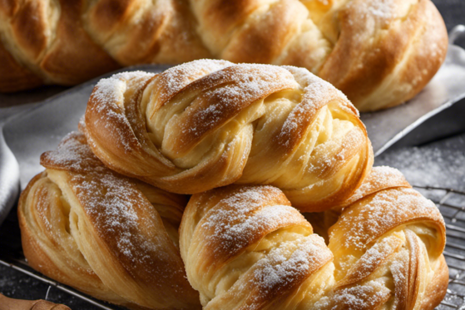 An image that showcases a perfectly wrapped, buttery, flaky braided pastry sitting inside a frosty freezer