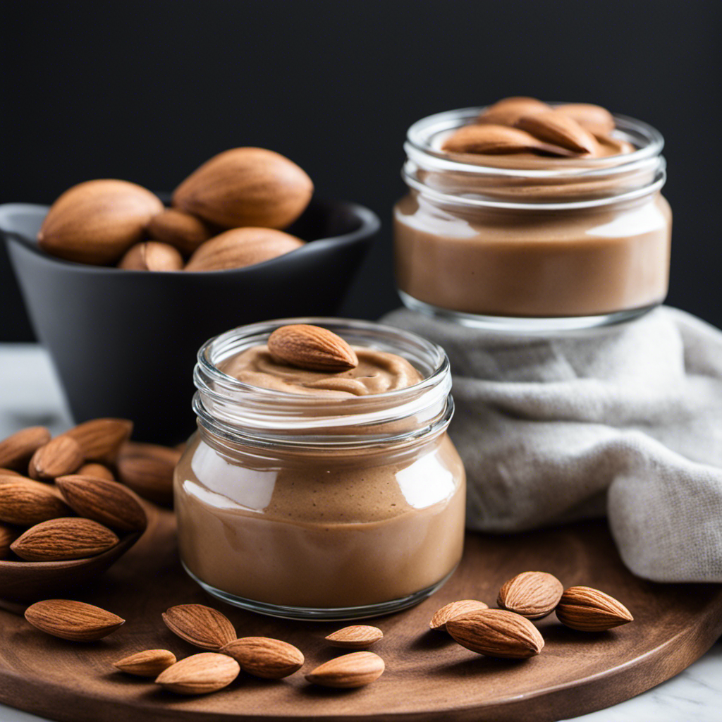 An image of a perfectly sealed glass jar filled with rich, creamy almond butter, nestled amidst a serene, organized fridge