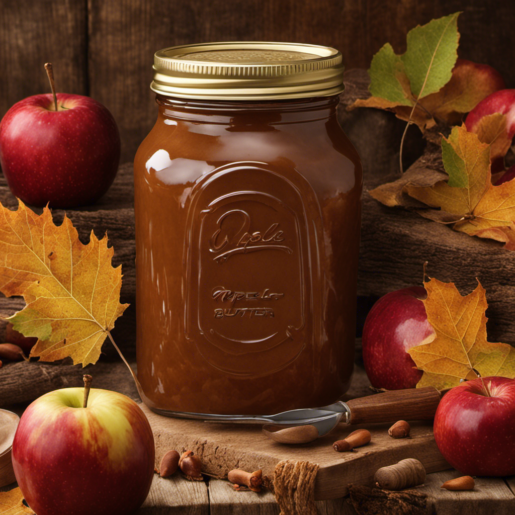 An image showcasing an open jar of apple butter, perfectly preserved, surrounded by autumn leaves, hinting at its long-lasting freshness